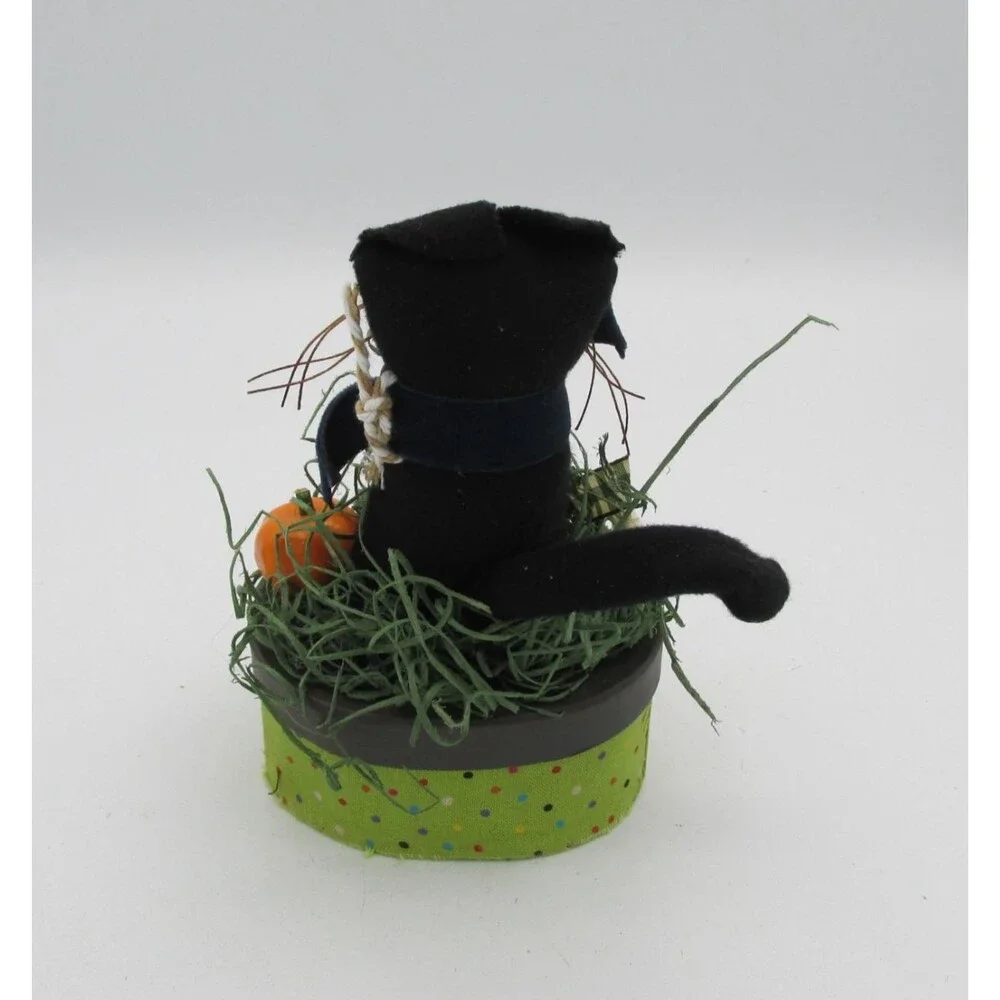 Vtg Style Fabric Halloween Black Cat Trinket Box Signed Artisan Folk Art Fall